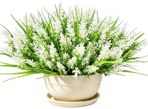 HUANYO 9 Bundles Artificial Lavender Flowers Outdoor, UV Resistant Fake Plants Plastic Shrubs for Garden Planters, Window Boxes & Home Decoration (pure white)