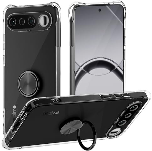 STARRYNOVA Fodral ringhållare kompatibel med Realme 16 5G, kristallklart mobiltelefonfodral silikon fyra hörn anti-fall TPU fodral 360 graders stativ skyddsfodral – svart ring