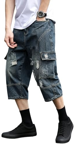 Herr lös passform rippade caprijeans slitna hiphop capri jeans baggy denim cargoshorts för män, BLÅ, 46