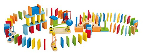 Hape Domino-Set aus Holz | Preisgekröntes Set aus Dominosteinen für Kinder, 107 stabile Dominosteine für vergnügliches Bauen und Stapeln