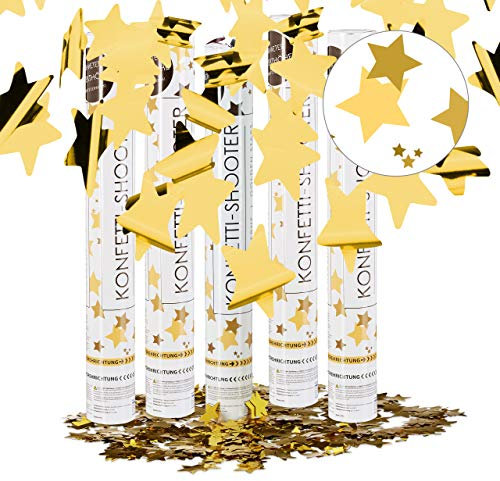 Set da 5 Cannoni Spara-Coriandoli, 40 cm, Stelle, Oro, Gittata 6-8 m, Matrimoni, Compleanno, Carnevale