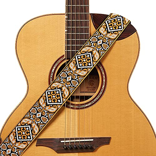 Amumu 5cm Gitarrengurt mit orangefarbener Stickerei - Premium Lederenden - Für Akustik-, E-Gitarren & Bässe - Verstellbar von 94 cm bis 160 cm