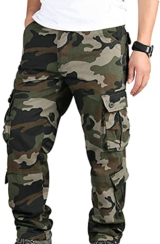 Pantalon Cargo Homme Camouflage Pantalon de Travail Jogging Pants Militaire Randonnée Tactique Multipoches Décontracté Grande Taille Jogger Jogging Cargo Vert 30