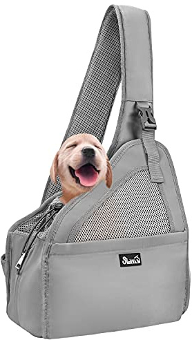 Eyein Hundetragetasche Freihändig für Kleine Hunde bis 5.5kg, atmungsaktiv | Hundefreundlich Haustiere Reisetasche mit Verstellbaren Trägern, Hartfaserplattenboden & Sicherheitsgurt (Grau）