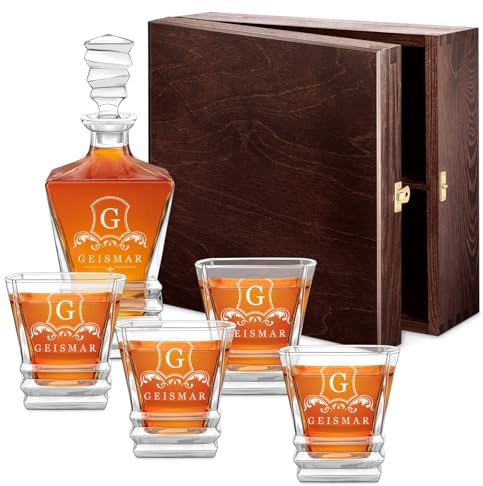 Maverton 800 ml Whiskykaraffe + 4/6er Whisky Gläser Set mit Gravur - Whiskey Dekanter Set aus Kristallglas - Whisky Set für Mann zum Geburtstag - zu Weihnachten - Verzierung