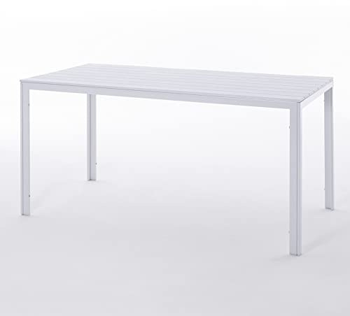 SIEDITI FUORI E DENTRO Mesa Jardin Rectangular 156x78 cm, Mesa Exterior en Acero Pintado con Lamas de Polietileno Efecto Madera, Ideal para terraza, balcón o Patio (Blanco)