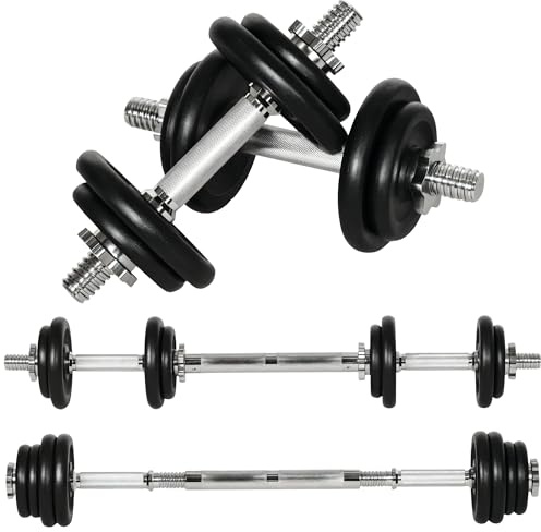 HOMCOM 2 en 1 Ensemble d'haltères réglables Dumbbellset 20 KG haltère court & haltère long avec tube de connexion professionnel Dumbbell musculation et haltérophilie pour la maison Fitness inoxydable