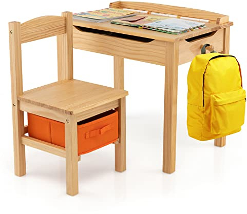 GYMAX Kids Desk and Chair Set, Wooden Children Activity Table with Chair, Storage Space & Lift-up Tabletop, Toddler Study Desk Set for Boys Girls (Natural), 59 x 40 x 55 cm(L x W x H) (GYHY10077)
