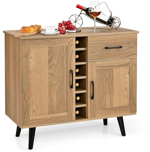 COSTWAY Buffet Cuisine Industriel à 2 Portes avec 6 Porte-Bouteilles, Meuble de Rangement avec Tiroir, Cadre Métallique, pour Salle à Manger, Salon, Cuisine, 90 x 40 x 79 cm (Naturel)