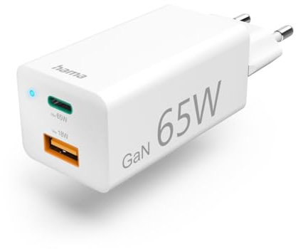 Hama Schnellladegerät, GaN, 1x USB-C PD, 1x USB-A QC, Mini-Ladegerät, 65 W, Weiß