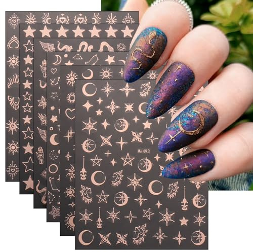 JMEOWIO Nagelsticker Mond Stern 10 Blatt Nail Art Sticker Selbstklebend Nagelaufkleber Roségold Dekoration Nageldesign Zubehör