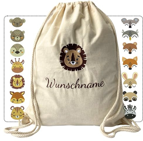 Sac de sport brodé avec nom et motif - Sac en tissu personnalisé avec cordon de serrage en coton pour enfants comme cadeau exceptionnel, beige, 37 x 46 cm