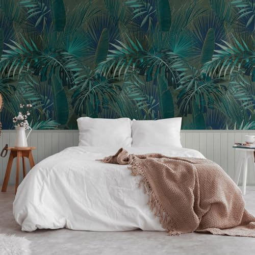 AS Creation Palmblad och träplattor 2-i-1 vinyltapet – texturerad träribbor tapet – modern tapet för vardagsrum och sovrum – dekorativ lyxig tapet – grön och grå