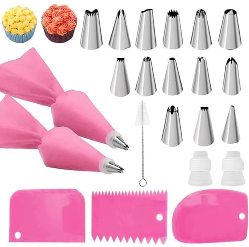 22 Pcs Piping Bags and Nozzles Set, Baking Kit, Cake Decorating Kit with 2 Reusable Piping Bags, 14 Nozzles, 2 Couplers, 3 Cake Scrappers, 1 Cleaning Brush - Ideal for Cupcakes and Cookies