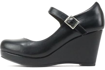 Soda Merry ~ Womens Mary Jane Strap Comfortable Platform Wedge Pump Heel Shoes (Black Pu, US Footwear Size System, Adult, Women, Numeric, Wide, 7.5)