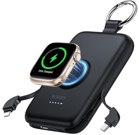 RORRY Power Bank, 10000mAh Powerbank Schnellladefunktion PD 20W mit Integriertem Kabel, Reise Portable Charger Externe Handyakkus für iPhone 17/16/15/14 and Apple Watch Ultra 11/10/9/8/7/SE, Schwarz