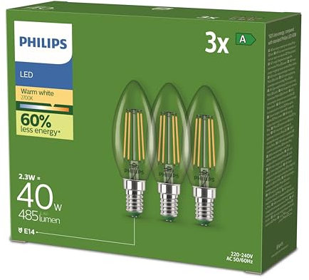 Philips Classic ultraeffiziente LED-Lampe mit Energieeffizienzklasse A, ersetzt 40W, E27 Sockel, Kerze, klar, warmweißes Licht (2700K), 3er Pack, neue Generation, Warmweiß