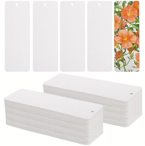 Blanko Aquarell Lesezeichen 300g, 100 Blatt Premium Naturweiß Aquarellpapier, 15 x 5cm Lesezeichen mit Loch für Handgemachte Dekoration, DIY Geschenkanhänger Etiketten, Bastelprojekte, GrußKarten