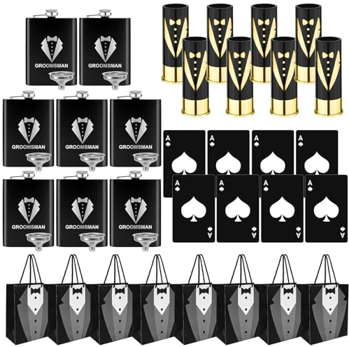 ASMIZ 40-teiliges Groomsmen Geschenkset, 8 x Groomsmen Taschen, Edelstahl-Flachmänner mit Trichter, Groomsmen Gläser, Pokerkarten-Flaschenöffner für Junggesellenabschied und Hochzeitsgeschenke