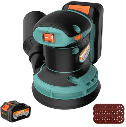 Lijadora orbital inalámbrica, 21 V con 6 velocidades variables 7000-11000 RPM, funciona con pilas para carpintería, incluye 30 papeles de lija y bolsa de recogida de polvo, 2 baterías incluidas