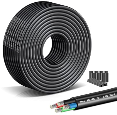 22 Gauge Stranded Copper Wire 22/4 AWG Oxygen-Free Hookup Cable - 49.21FT UL2464 Certified Flexible PVC Cord for LED Strip Lighting, Car Audio Systems, 5V/12V/24V Low Voltage Applications