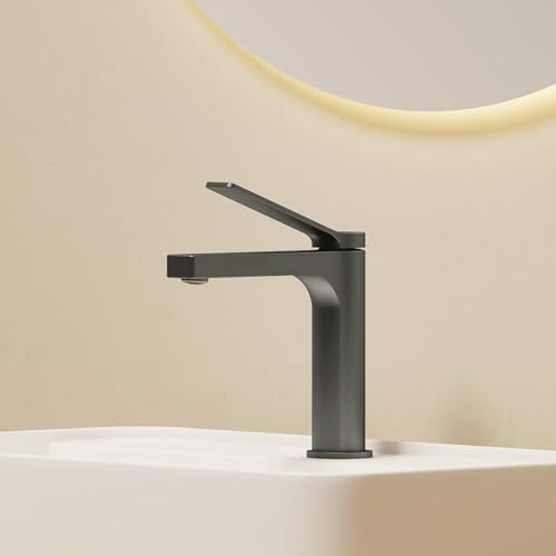 EMKE Wasserhahn Bad Anthrazit Matt, waschtischarmatur, 4MS Messing, Wasserhahn Bad mit Auslauf Höhe 125mm, Mischbatterie Waschbecken-Armatur einfache Installation, Kalt/Warmanschluss