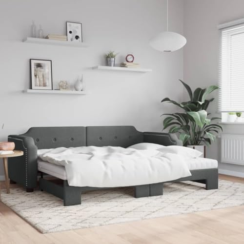 Teenpull Ausziehbares Tagesbett mit 2 Schaumstoffmatratzen, Dunkelgrau Stoffbezug, 90x190 cm Einzelbett erweiterbar zum Doppelbett, Stabiler Bettrahmen Möbelstück für Wohn- und Gästezimmer