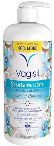 Vagisil Feminine Wash for Intimate Area Hygiene, Scentsitive Scents, pH Balanced and Gynecologist Tested, Coconut Hibiscus, 16.9 oz with Pump