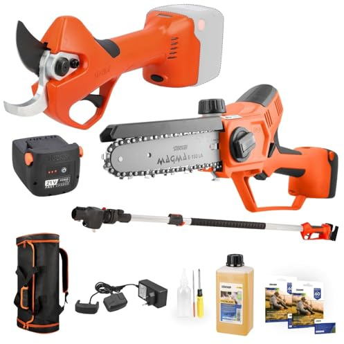 STOCKER - Kit potatura a batteria, Forbice Magma E-40 TP + Motosega E-150 LA con Batteria Power 21V 2,6Ah Fast Charge, Manico Telescopico 235 cm, Olio Catena, Garanzia Estendibile fino a 60 mesi.