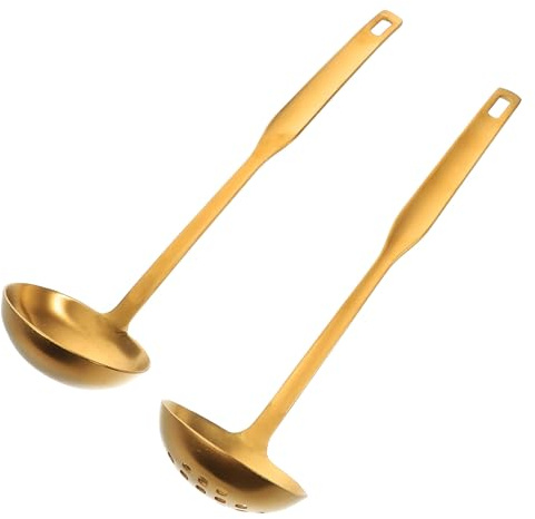 MOLUCKFU Juego de 2 Cucharones de Cocina Grandes de Acero Inoxidable 304 Dorado, Cucharón Sopero y Cucharón Colador Ranurado, Utensilios para Servir y Colar en Cocina y Buffet