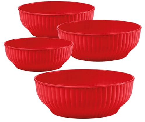Generico Insalatiera in Plastica Costolata, Set 4 Ciotole da Cucina, 20cm 22cm 24cm 26cm, Bacinella per Insalate e Preparazioni (Rosso, 20/22/24/26cm)