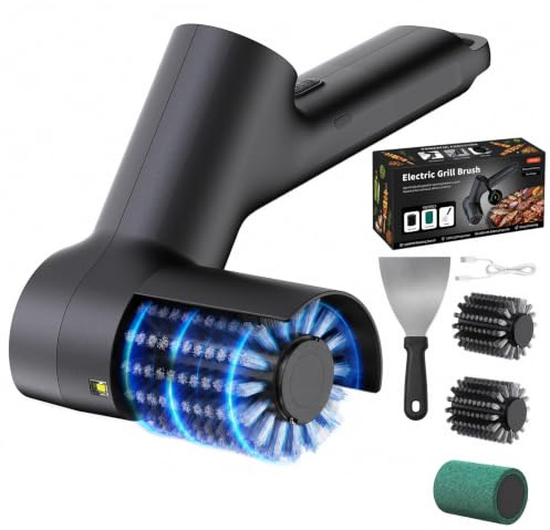 MQHUAYU Brosse de Barbecue Électrique, Nettoyeur de Gril 500 TR/Min | Nettoyage Haute Performance à 3 Vitesses avec Grattoir, 2 Brosses INOX, 1 Éponge et USB-C, Nettoyeur Pour Gril