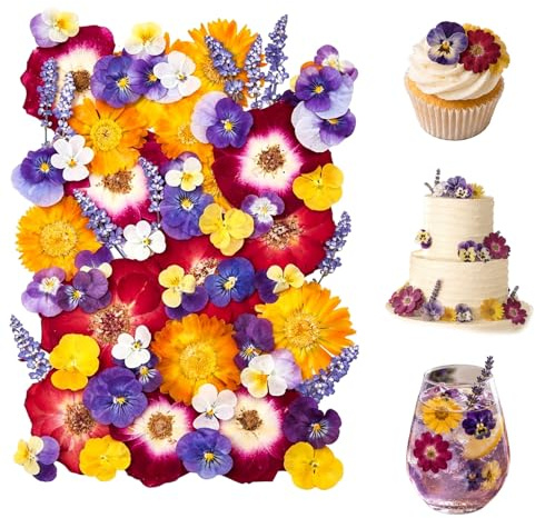 Floruvia 70 Piezas Flores de Pensamiento, Lavanda, Caléndula, Rosa para Cócteles y Decoración de Tartas, Cupcakes, Bebidas, Postres, Manualidades DIY, Bodas