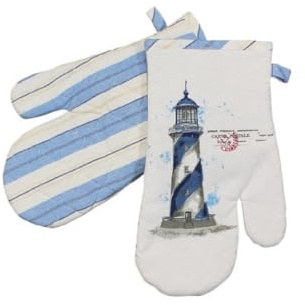 Maritime Ofenhandschuhe Topflappen mit Leuchtturm Motiv | Aus 100% Baumwolle, 17 cm x 30 cm