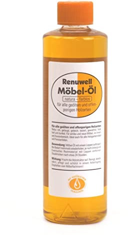 Renuwell Möbel-Öl, 500 ml – Natürliches Pflegeöl für Holz mit Leinöl und Teebaumöl, farblos, Schutz für geölte und unbehandelte Holzoberflächen, Schweizer Qualität