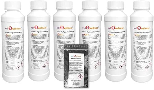 well2wellness® Saunaaufguss - Konzentrate Set 'Klassik' mit 6 x 250 ml + gratis 10g Mentholkristalle