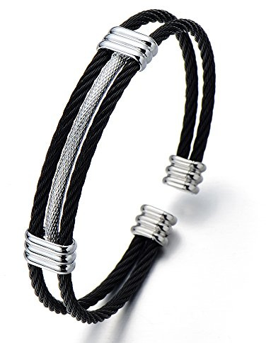 COOLSTEELANDBEYOND Edelstahl Elastische Herren Damen Armband Verstellbare Stahlkabel Armreif Silber Schwarz Zweifarbig