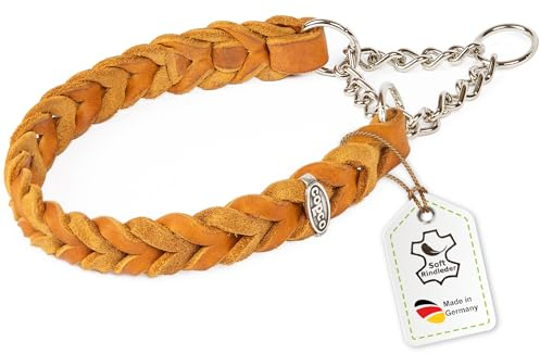 CopcoPet Fettleder Halsband 45–50cm x 20mm Cognac – Geflochten mit Zugstopp-Kette – Robust & weich – Verchromte Kette – Lederhalsband für mittelgroße Hunde, Training & Alltag