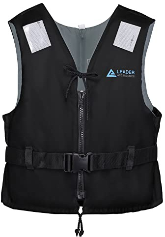 Leader Accessories Giubbotto Galleggiante, Gilet Aiuto al Galleggiamento, con Strisce Riflettenti, Gilet da Pesca, Unisex, 50N(Nero L: 70-90 kg)