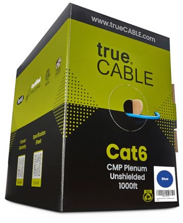 trueCABLE Cat6 Plenum (CMP), 1000ft, Blue, 23AWG 4 Pair Solid Bare Copper, 550MHz, ETL Listed, Unshielded Twisted Pair (UTP), Bulk Ethernet Cable