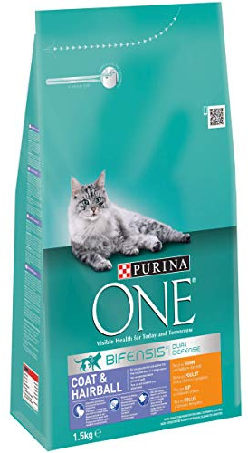 PURINA ONE BIFENSIS Coat and Hairball Katzentrockenfutter: reich an Huhn, für gesunde Haut & Harnwege, schönes Fell, reduziert Haarballenbildung, 3 x 1,5 kg