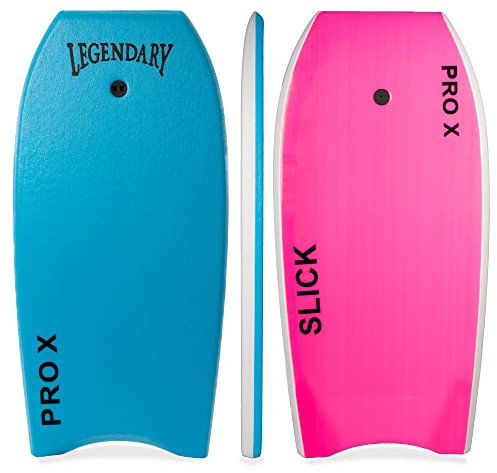 Legendary Pro X Bodyboard for Beach with Hard Slick Bottom, Boogie Boards for Kids & Adults, Heat Sealed with EPS Core, Leash (Light Blue/Pink, 37'')