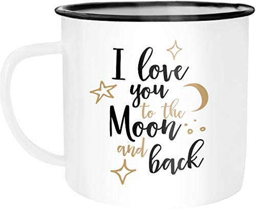 Moonworks Emaille Tasse Becher I love you to the moon and back Geschenktasse Liebe Partnerschaft Kaffeetasse weiß-schwarz unisize