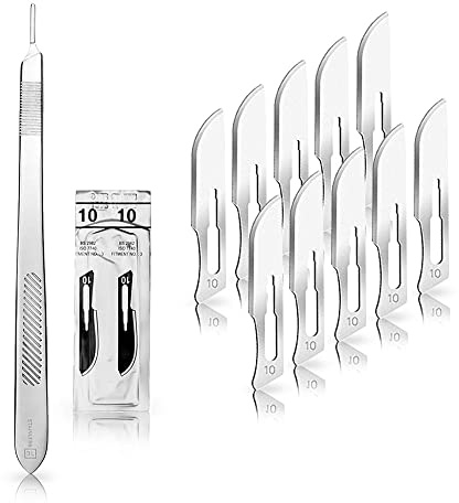 May Skalpell-Set 21 cm Griff 10 Klingen Figur 10 | Spezial-Set für tieferliegende Schnitte. Extra langer 21cm Edelstahl-Halter (Nr. 3) inklusive 10 feinen Karbonstahlklingen.