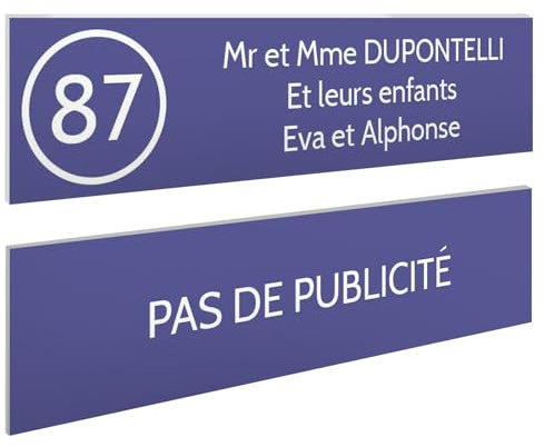 DECOHO - Plaque Boite aux Lettres Personnalisable - Lot de 2 plaques adhésives en Plastique Violet Blanc - Format 100x25 mm - Gravure Las - Violet