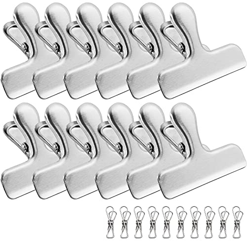 Mollette Chiudi Sacchetti,Qualsen 12 Pezzi Metallo Clip Sigillo per Alimenti Molletta in Acciaio Inox del Sacchetto per Snack da Caffè Congelatore cibo, Cucina casa Ufficio(7.6 cm)