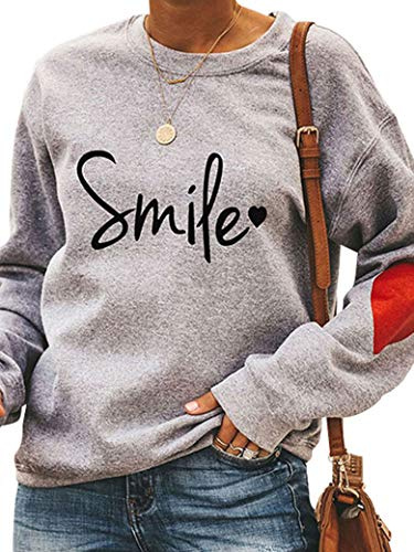 Dresswel Damen Smile Sweatshirt Herzdruck Langarmshirt Rundhals Langarm Pullover Pulli Bluse Oberteile Top