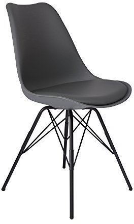 SAM Schalenstuhl Lerche, Sitzschale in grau, integriertes Kunstleder-Sitzkissen, Schwarze Metallfüße, Esszimmerstuhl im skandinavischen Stil