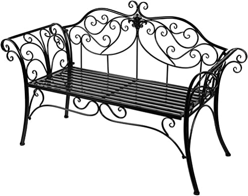 HLC 2 Seater Metal Garden Bench Clearance, Outdoor Patio Bench Metal Seating Cast Aluminium Chair with Antique Design, for Lawn, Front Porch, Path BLACK