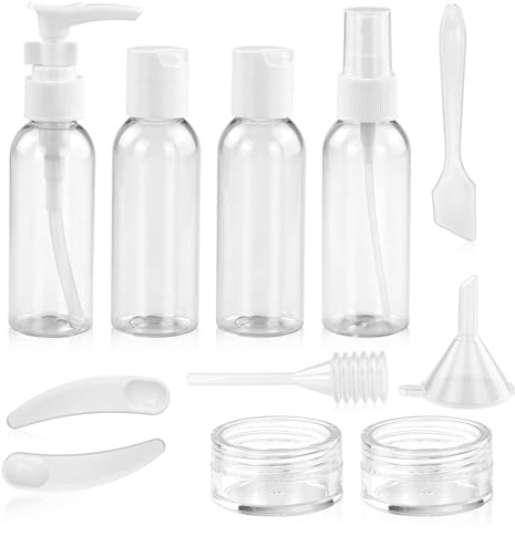 11 Stück Reiseflaschen Set, Nachfüllbare Reisebehälter, Plastik Toilettenartikel Behälter mit Kleine Sprühflaschen, Transparenter Kulturtasche, Auslaufsicheres Reisezubehör für Kosmetik, Make-up